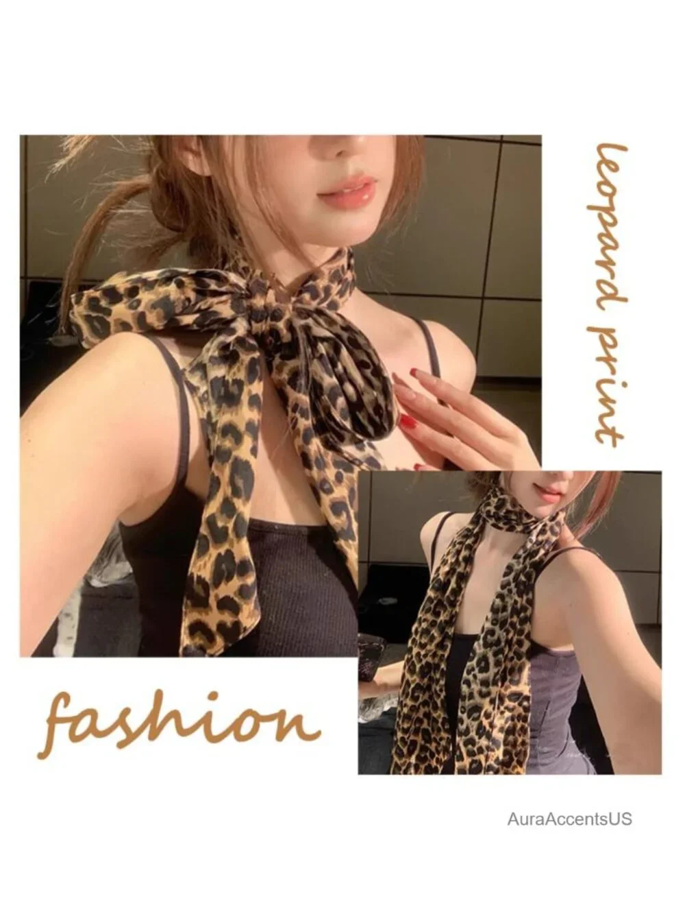 Leopard Print Long Thin Scarf Women's Fashion Silk Neck Scarf Headscarf Handbag